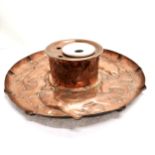 Unmarked Newlyn copper circular ink stand with white pottery liner / inkwell - 19cm diameter & 4cm