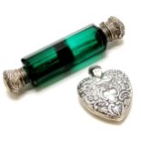 Sterling silver heart shaped scent bottle with screw down lid - 5cm t/w antique unmarked silver