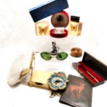 A quantity of miscellaneous to include old green driving glasses, ivorine cufflink box, Hardwood