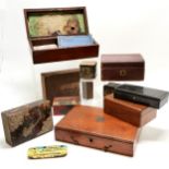 Collection of antique boxes & tins inc silver and tortoiseshell cigarette box (15cm x 10cm x 5cm -