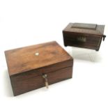 Antique rosewood sewing box with brass inlaid detail, bun feet (1missing) and ring handles with a