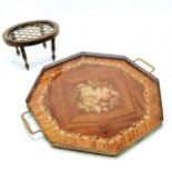 Oval mahogany brass trivet, has repairs T/W a Sorrento ware octagonal tray with brass gallery 40cm