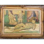 Framed Oil painting on board of Ladies in a boudoir, Indistinctly signed lower right - frame 64.5 cm