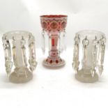 Bohemian overlaid pink & white glass lustre vase (25cm) t/w pair of frosted lustre vases ~ no