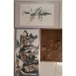 Oriental pictures to include : Signed watercolour of frogs, Mayfly and Lilly pads on a river, signed