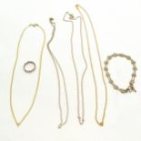 Qty of 9ct marked gold jewellery inc 4 x gold neckchains (longest 48cm), bi-colour plaited ring,