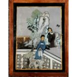 19th century Chinese hand painted mirror with a figural scene, in a later wooden frame - 42.5cm x