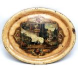 Antique tole ware oval tray painted with classical scene with white peacock, monkey, birds etc -