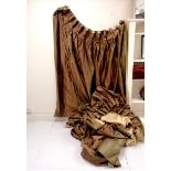 Two pairs of Bronze-brown Shot Silk curtains, with lining and gathered tops, all approximately 140