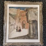 Signed EG (Emile Gastemans?), framed oil on Board, North Spanish Figures in a Moorish Town, Frame