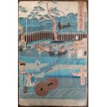 Framed antique Japanese Woodblock depicting an early mechanical travelling machine on railway like