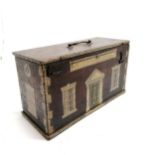 Antique Folk Art oak box with paint decoration depicting a methodist school with brass handle to top