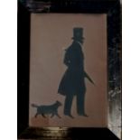 Antique framed hand painted silhouette of a man and his dog. 32cm x 24cm. some blooming to the