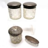 4 x silver topped jars (embossed 6cm diameter x 7.5cm high) - dents to 3 larger lids but glass no