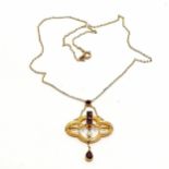 Antique 9ct marked gold Art Nouveau integral pendant (5cm drop) set with garnets / pearl on chain (