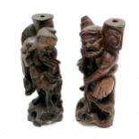 2 x Chinese hand carved wooden figural lamp bases - 29cm high ~ the fisherman has shrinkage cracks