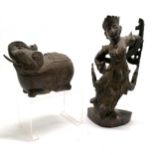 Asian bronze elephant box (12cm high x 17cm long) t/w hand carved figure of a dancer - some small