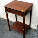 Edwardian Mahogany side table with frieze drawer and under tier shelf standing on spade feet 76cm