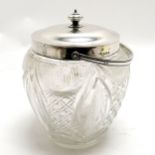 1923 Elkington & Co silver mounted cut glass biscuit barrel - 17cm high & 13cm diameter ~ slight