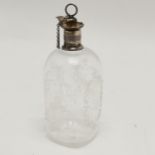 Antique sterling silver mounted glass drinks flask with hand etched detail to body - 16cm high & has