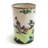 Antique Chinese enamel brush pot / vessel decorated 8 boys & 2 ladies - 12.5cm high 8cm diameter &