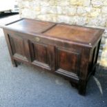17th/18th century and later scrolls / ears oak three panel coffer with candle box and replacement