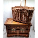 A Dutch hand painted hinge lidded box with flower detail t/w a wicker shopping basket. The box 50 cm