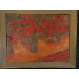 DH Fraser, framed oil on board, Still life of red flowers in a vase, Signed lower left, Frame 54.5 x