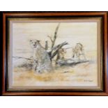 Framed original oil painting on canvas of cheetahs by David Kelly (dated 1992) - 73cm x 58cm