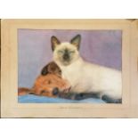 Louise Etsiby 20th Century, unframed watercolor, ' Best Buddies' A Siamese Cat and a sleeping
