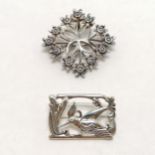 Danish silver marked bird brooch t/w silver flower 4cm square brooch - total 28g