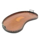 Antique mahogany kidney shaped tray with inlaid shell detail to the centre and a banded gallery.