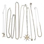 9 x sterling silver chains with pendants inc unmarked Maltese filigree cross & Kit Heath pendant ~