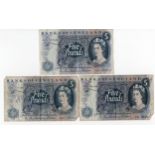 3 x QEII £5 banknotes