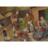 1949 English School, unframed oil on woven paper, The family with chickens on the house garden (