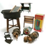 Assorted antique tin plate toys etc.: a Remanco mangle and washstand, scale tin bath and folding