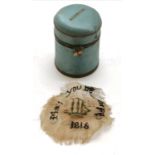 Regency small blue silk covered box 4cm high, containing a sailors love token, a small swatch of