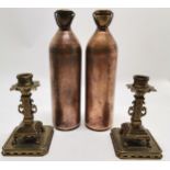 C. 1900 squared cast Brass Classical Candlesticks and a pair of Copper and brass Mercury flasks ,