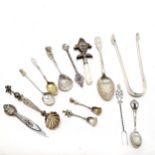 Qty of silver marked items inc Georgian sugar tongs (14cm long) + spoon with engraved bowl, jester