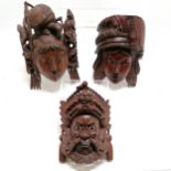 3 x Chinese carved hardwood masks with glass eyes (1 missing an eye) - largest 30cm x 18cm