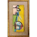 Abstract School, framed oil on Board, Abstract Composition, Signed Sutherland, Obvious damage to the