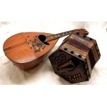 Antique Edelklang mandolin (60cm - bridge a/f & slight crack to sound board) t/w German Concertina/