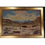 Pallet Knife oil on board, framed landscape with mountains, signed Peter Coker lower right