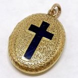 Antique unmarked gold (touch tests as 14ct) locket with blue enamel cross detail and hand