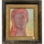 Framed oil on board, portrait of a lady wearing a red headscarf, Bears signature 'Odilon Redon'