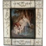 Boudoir watercolour miniature of a classical scene of figures bathing mounted in a decorative bone