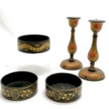 3 Regency laquer ware black coasters with gold painted decoration, small chips and losses, largest