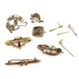 Antique unmarked gold hair brooch, 3 x antique gold marked brooches (all a/f & with metal pins) -