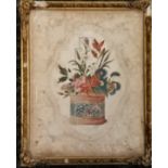 19th Century Chinese. Framed watercolour on rice paper with decorative pressed mount showing