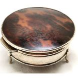 Silver & tortoiseshell ring box on 3 feet - 8cm diameter ~ loaded to base and has dents / slight a/f